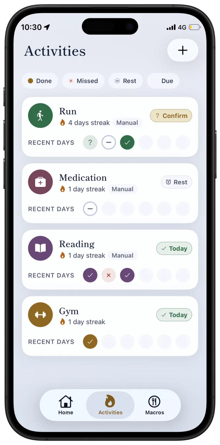 StreakSpot Activities list with streaks and check-ins
