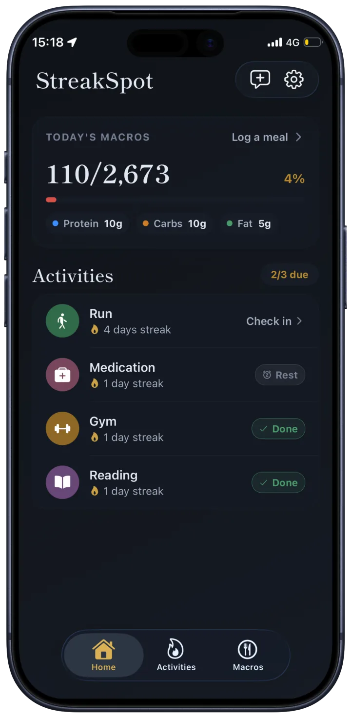 StreakSpot Home with macros, activities, and check-ins
