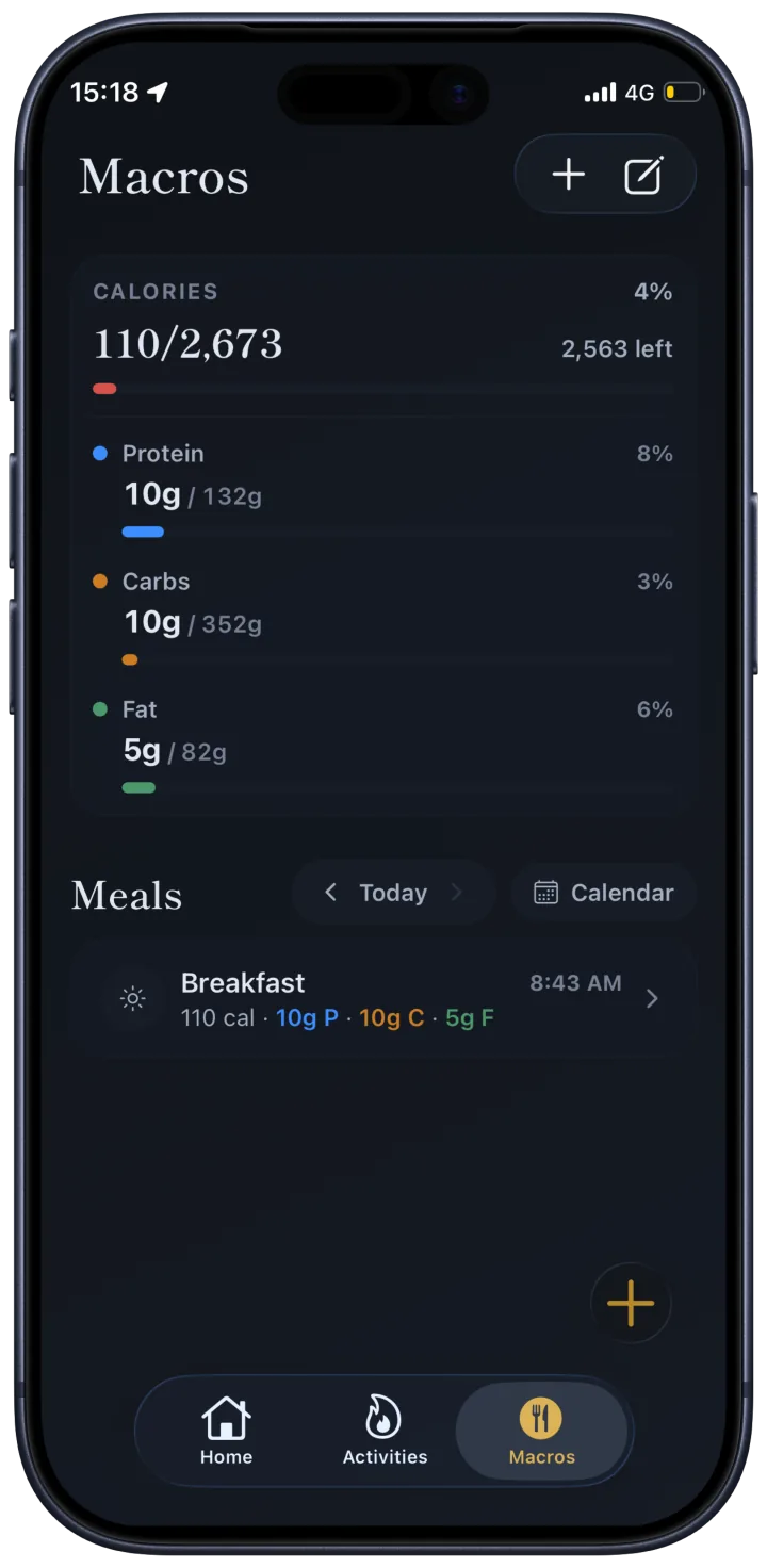StreakSpot Macros tab with calorie goals