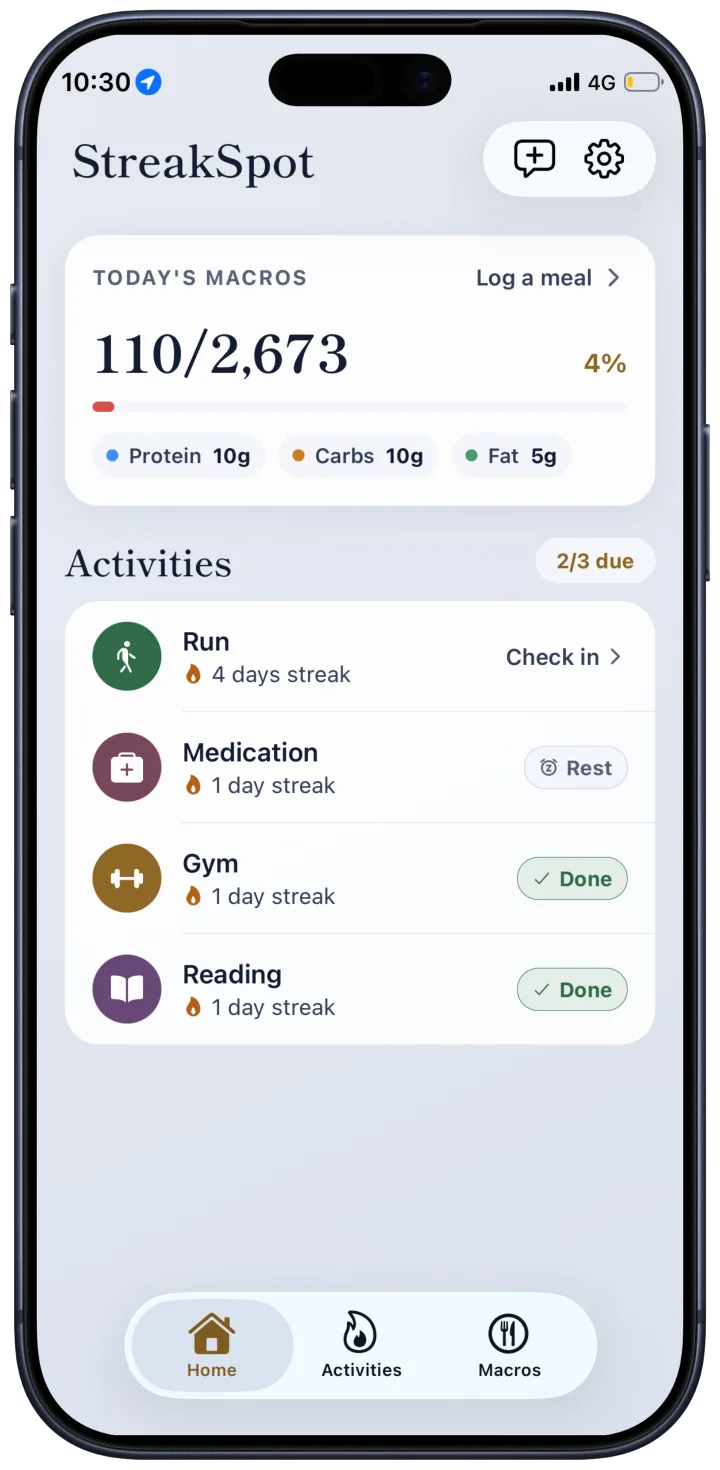 StreakSpot Home with macros, activities, and check-ins