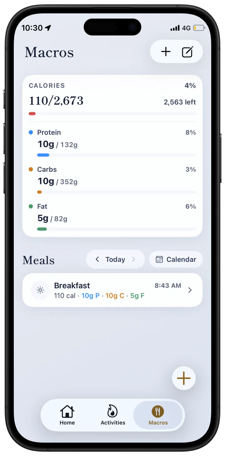 StreakSpot Macros tab with calorie goals